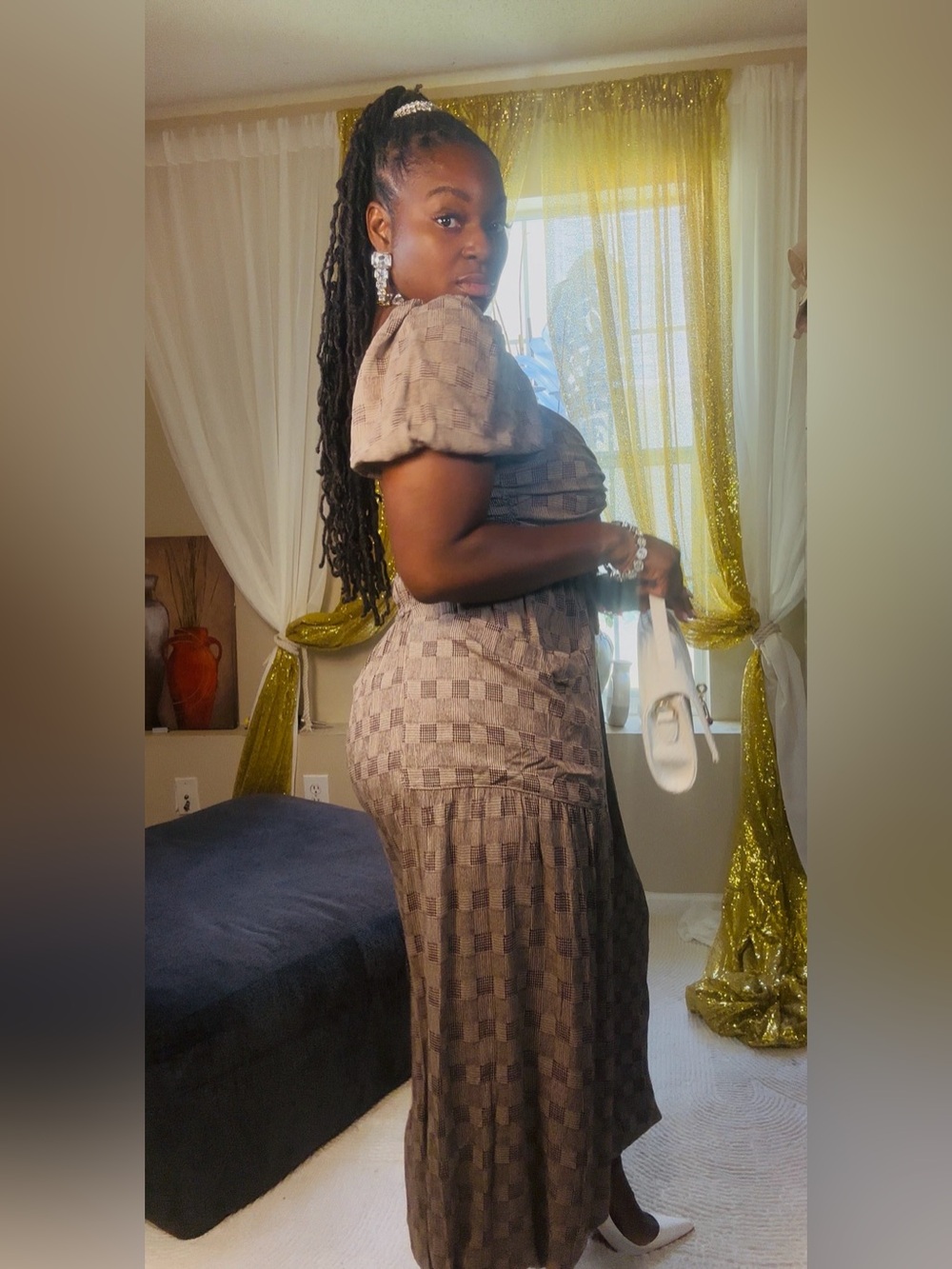 Checkered Puff-Sleeve Jumpsuit in Taupe - Picture 4 of 7